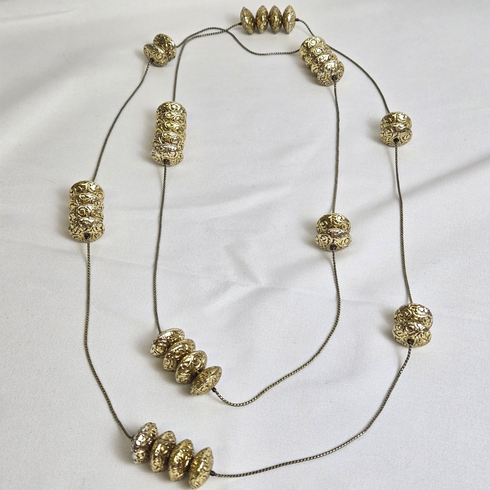 Gold Tone Filigree Beaded Long Layering Necklace‎